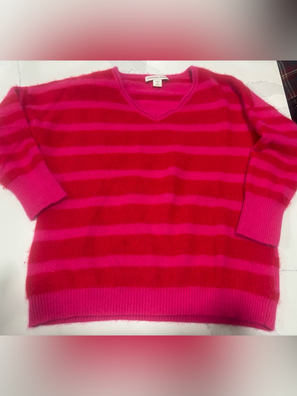 Coldwater Creek Bright Pink and Red Striped V-Neck cashmere Sweater